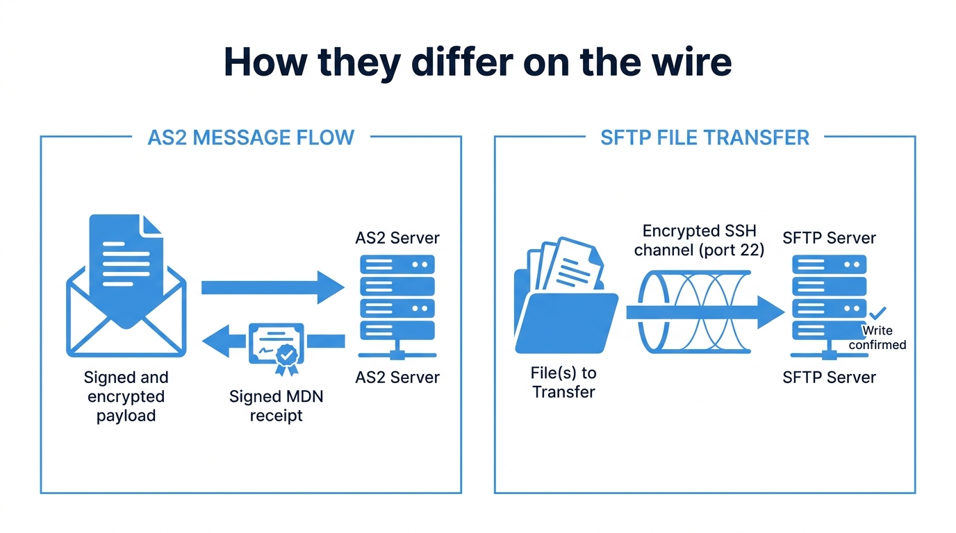 AS2 envelope with signed MDN receipt vs SFTP filesystem-style transfer comparison