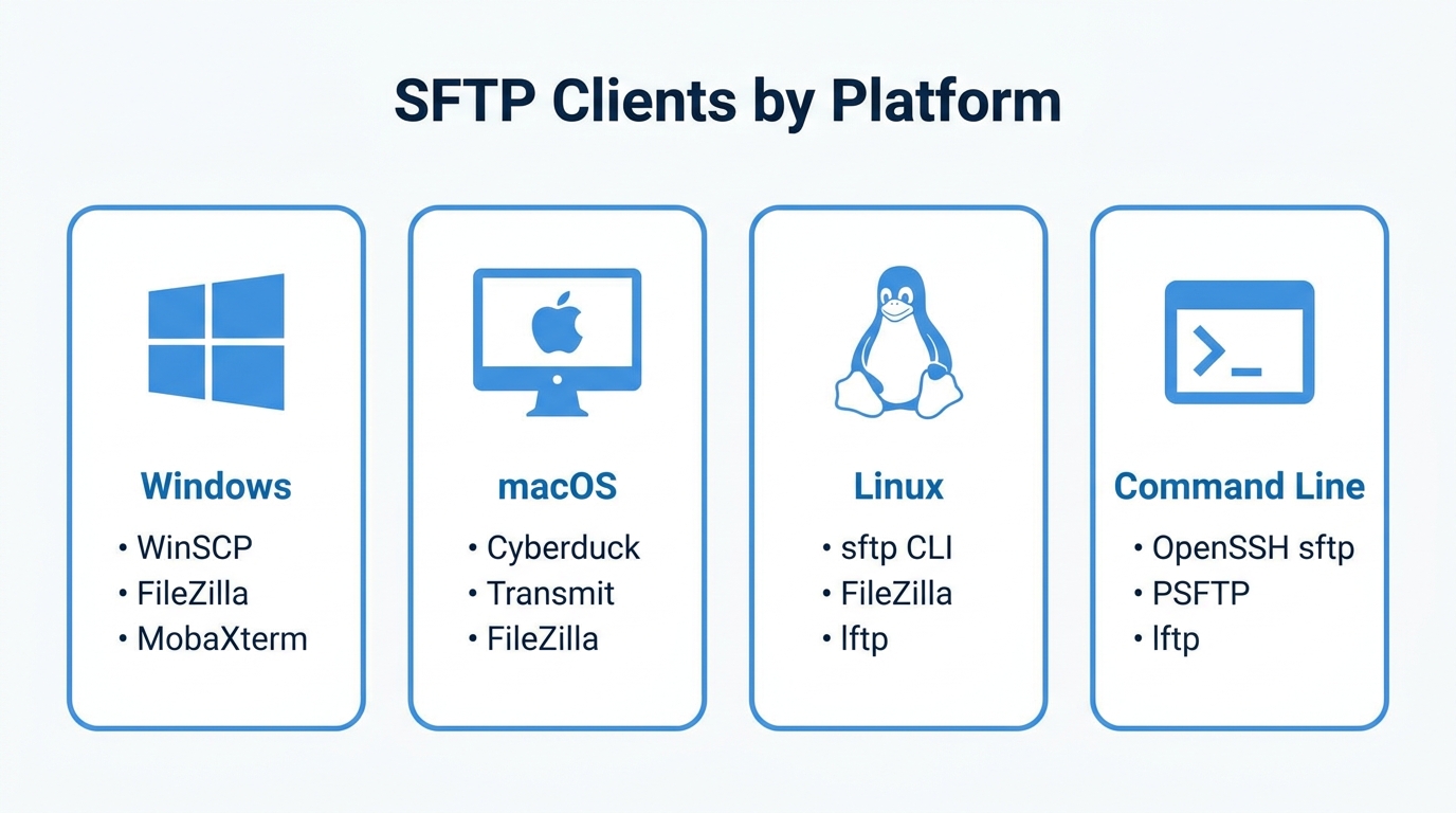 SFTP clients grouped by platform - Windows, macOS, Linux, and command line