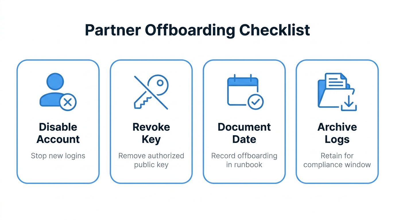 Partner offboarding checklist: disable account, revoke key, document date, archive audit log