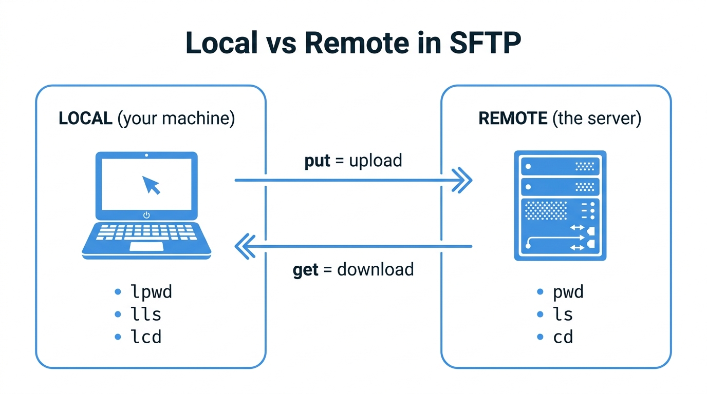 SFTP local versus remote command map - get pulls from server, put pushes to server, l-prefixed commands act locally