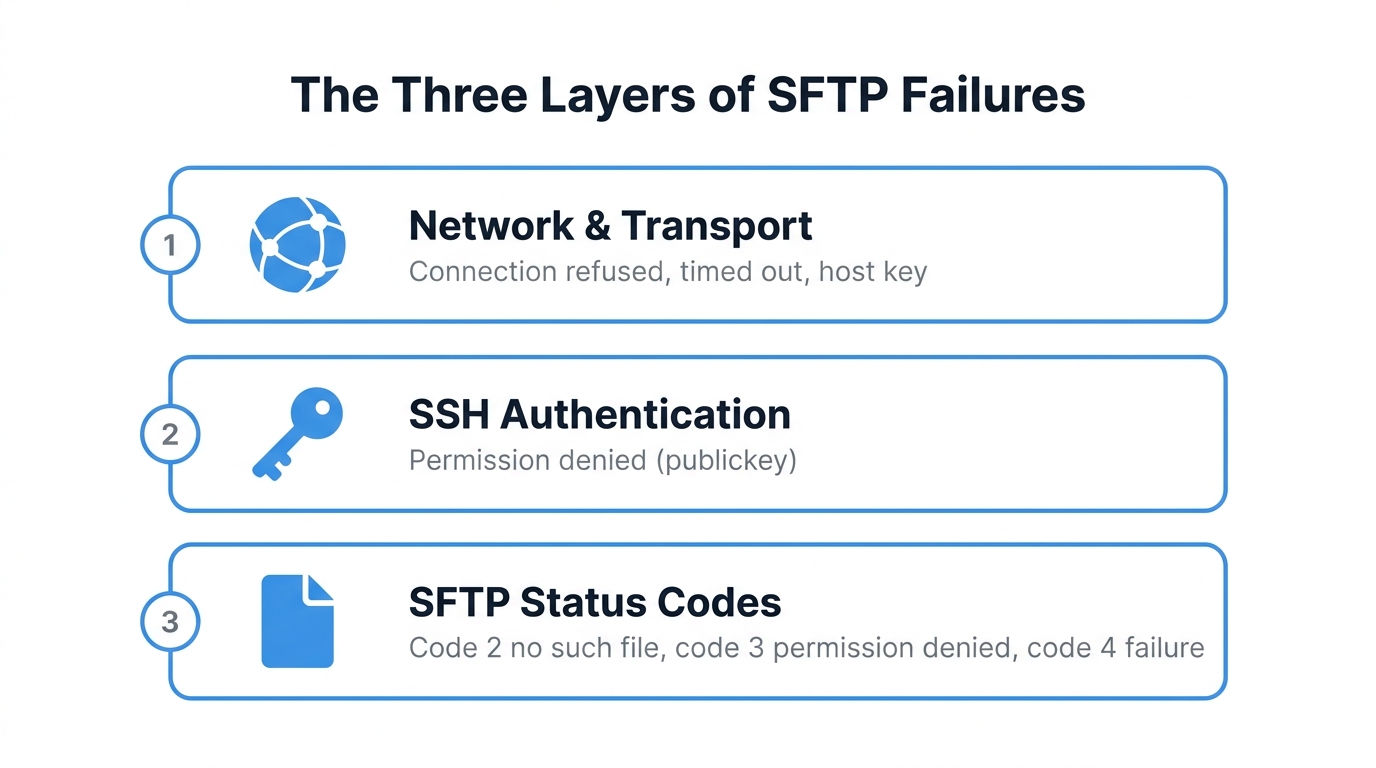 The three layers of SFTP failures: network and transport, SSH authentication, and SFTP status codes
