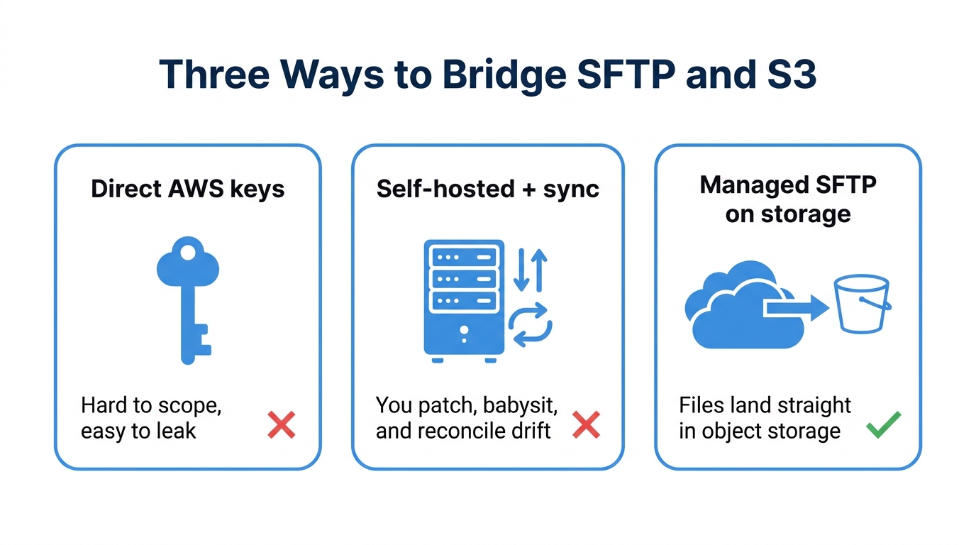 Three ways to bridge SFTP and S3 - direct AWS credentials, self-hosted server with sync, and a managed SFTP layer on object storage